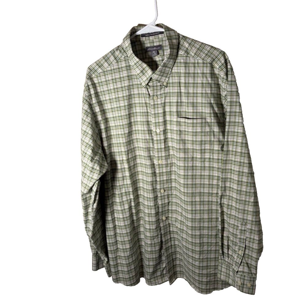 Eddie Bauer Shirt Men's XL Green Plaid Button Up Wrinkle Free Relaxed Fit